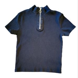 H&M Ribbed Black Short Sleeve Shirt with O Ring Half Zipper Size 10-12Y